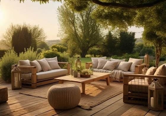 Outdoor lounge with seating and garden planting